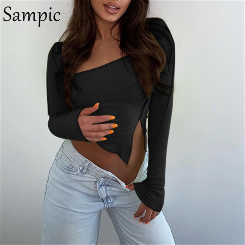 Sampic Fashion Irregular Women Sexy Club Knitted Long Sleeve Mini Skinny Crop T Shirt Tops Autumn Summer Casual Club Ribber Tees