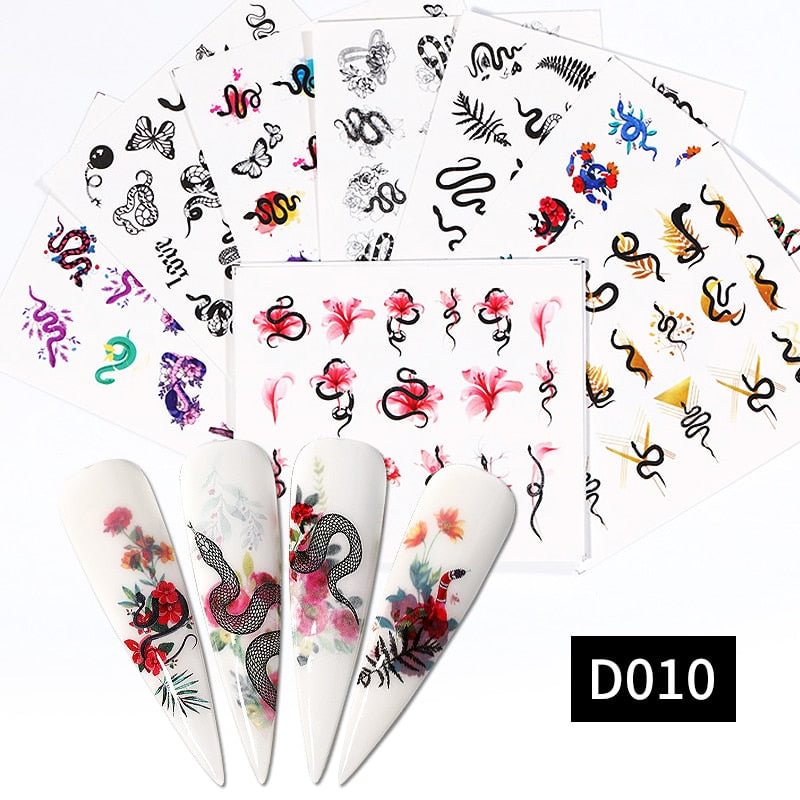 Harunouta 12Pcs Snake Designs Water Decals Set English Letter Butterfly Leaves Stickers For Nails Sliders Nail Art Decorations