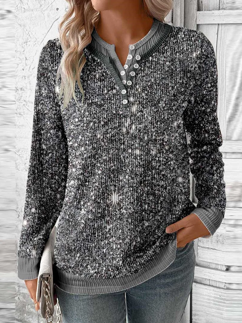 Women Long Sleeve V-neck Polka Dot Printed Graphic Button Fake 2in1 Tops