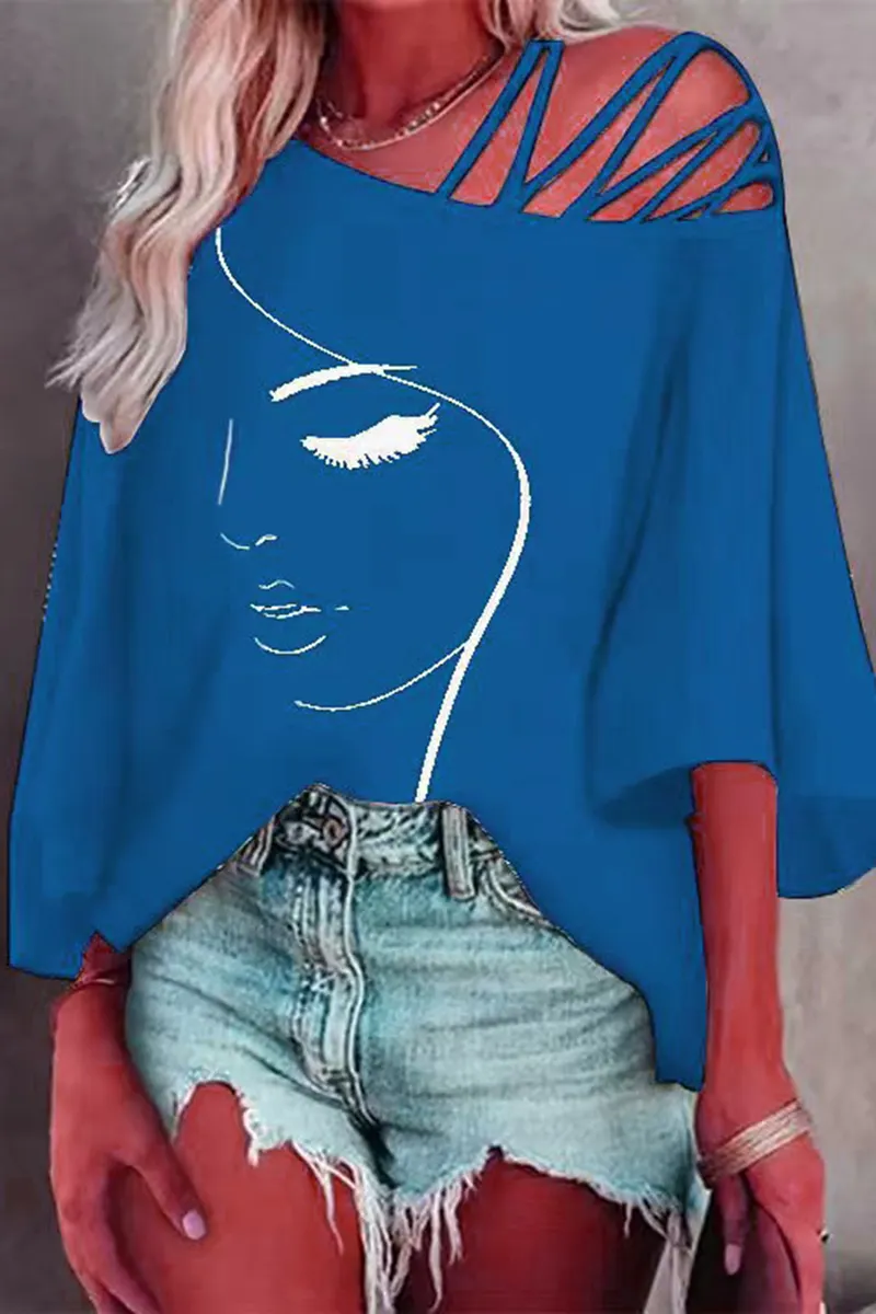 Figure Print Hollow Out Asymmetrical Neck Blouse