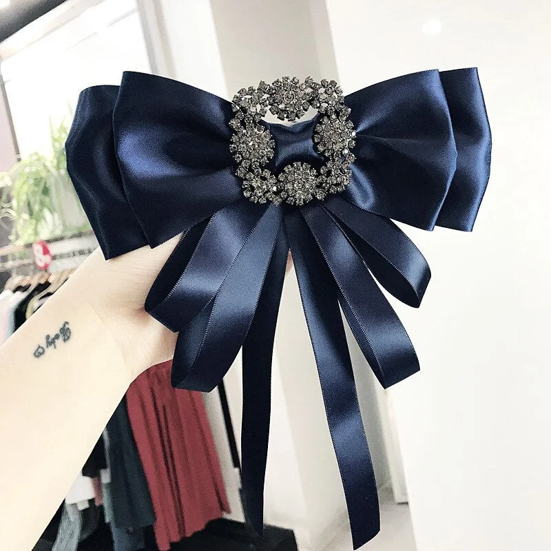 Fashion Ribbon Bow Tie High-end Women's Korean Style Plum Blossom Rhinestone Brooch Shirt Collar Flower Accessories