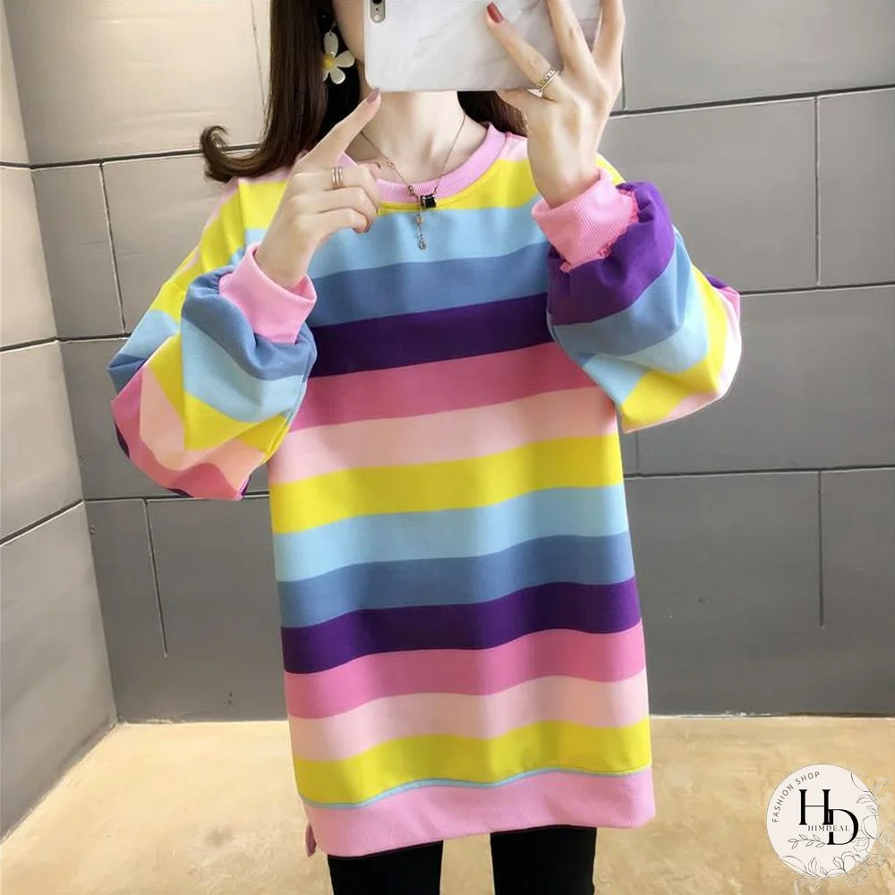 Fashion Rainbow Color Sweatshirt Hoodies Women Loose Long Sleeve Pullover Female Spring Autumn Oversized Harajuku Striped