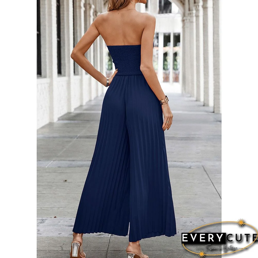 Navy Blue Smocked Tube Wide Leg Casual Jumpsuit