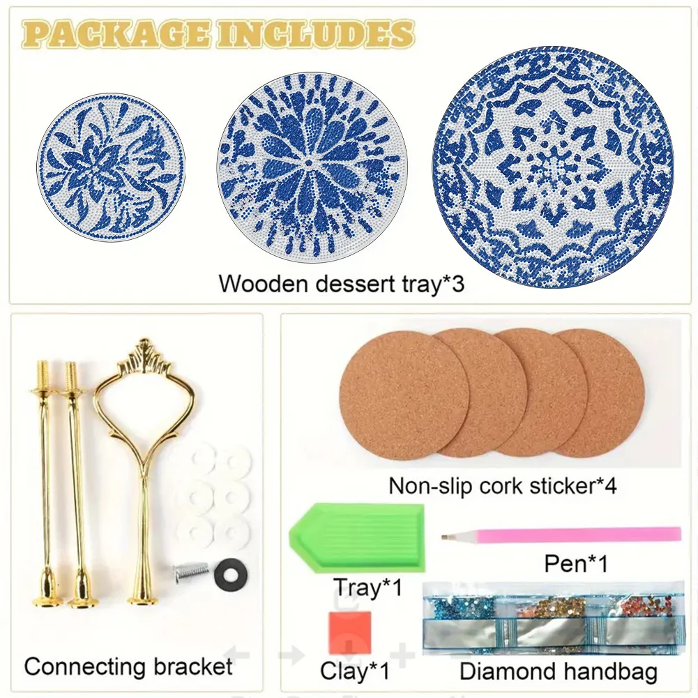 3 Tier 5D DIY Blue White Acrylic Diamond Painting Cupcake Stand for Kitchen Table Decor 