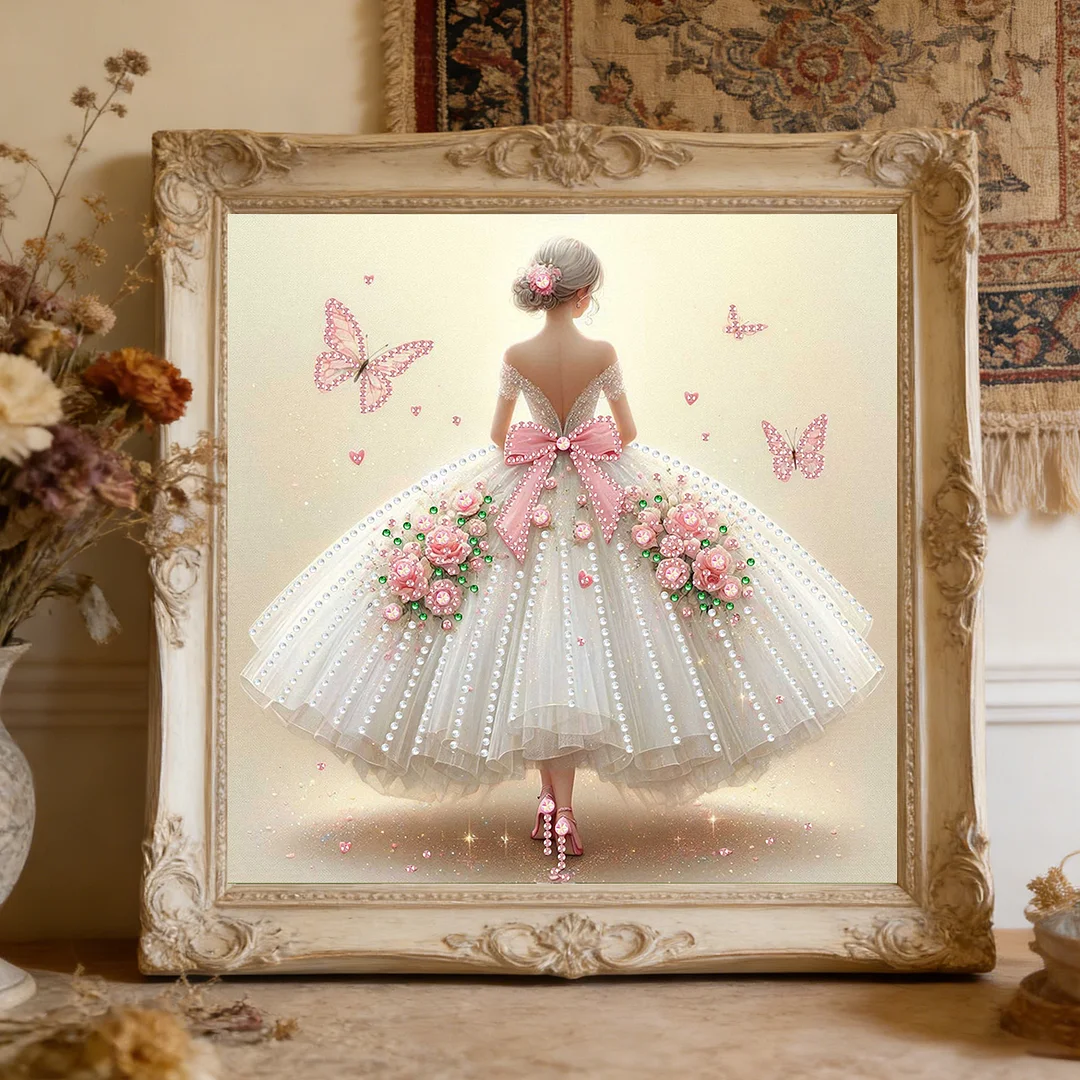 Diamond Painting - Partial Special Shaped Drill - Pink Butterfly Gown(Canvas|30x30cm)