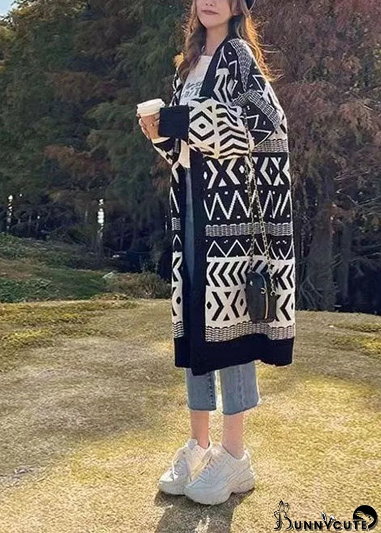 Bohemian Black Oversized Print Thick Knit Loose Cardigan Winter