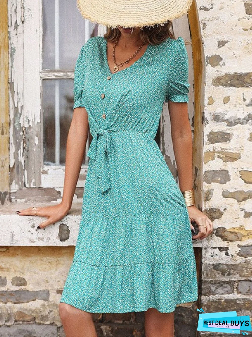 Floral Skirt High Waist Green Slim V-Neck Dress