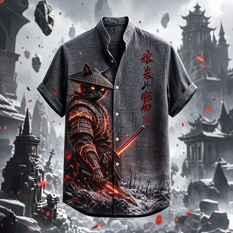 Men's Samurai Cat Warrior Katana Japanese Art Print Short Sleeve Shirt  artssus