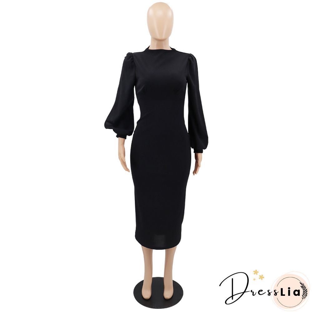 Elegant Solid Lantern Sleeve Maxi Pencil Dress