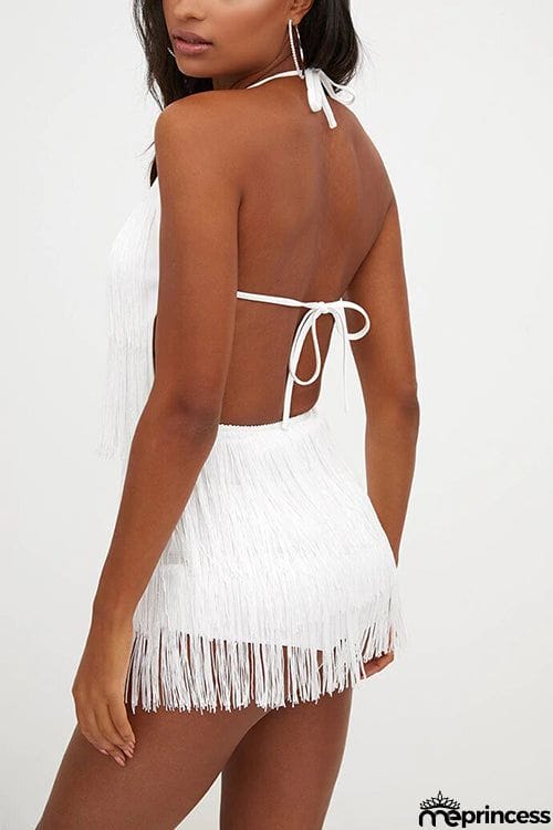 Halter Neck Open Back Tassel Hem Romper