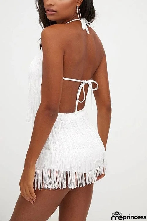 Halter Neck Open Back Tassel Hem Romper