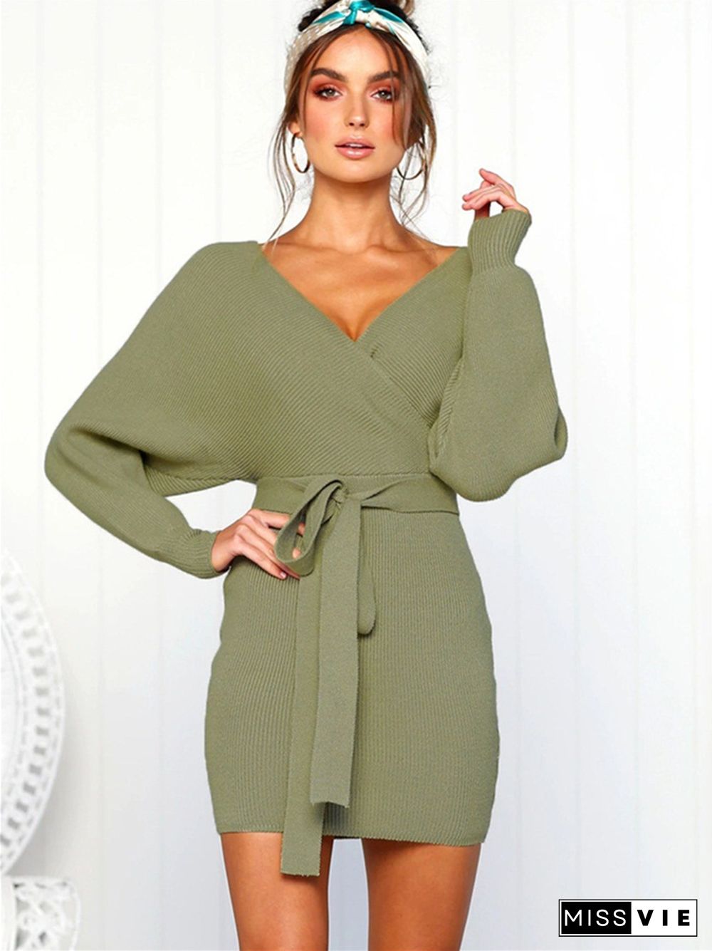 Solid Sexy Lace-up V-neck Wrapped Hip Long-sleeved Dress