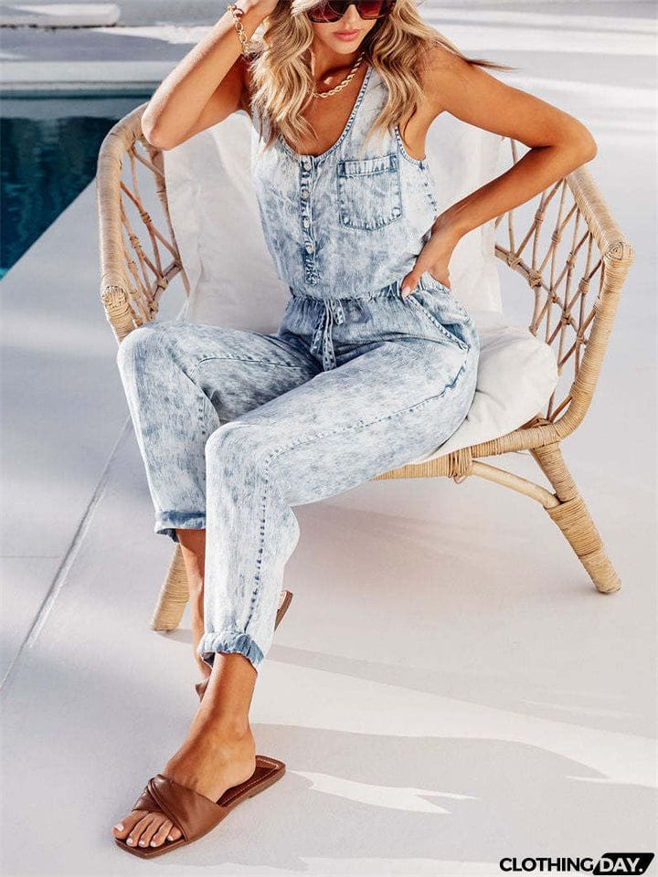 Women's Trendy U Neck Sleeveless Elastic Waist Loose Denim Jumpsuits