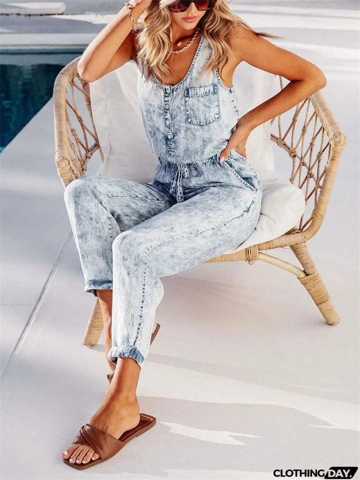 Women's Trendy U Neck Sleeveless Elastic Waist Loose Denim Jumpsuits