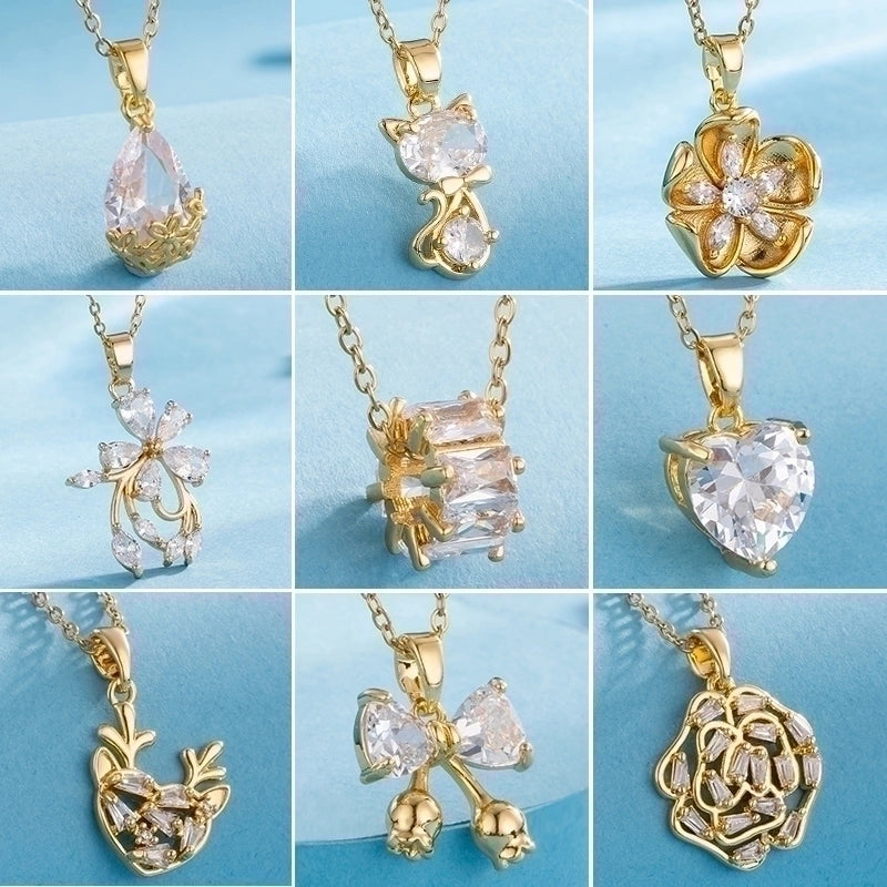 Modern Style Animal Water Droplets Flower 201 Stainless Steel Zircon 18K Gold Plated Inlay Pendant Necklace