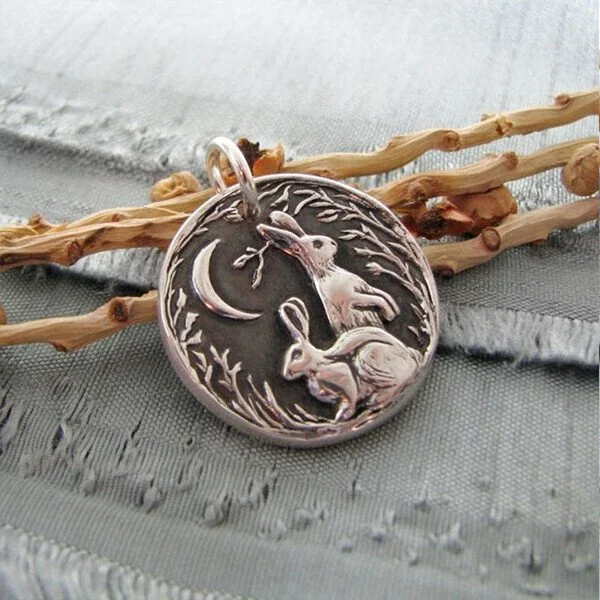 Sterling Silver"Listen to the Moon"Rabbit Stamp Pendant Necklace