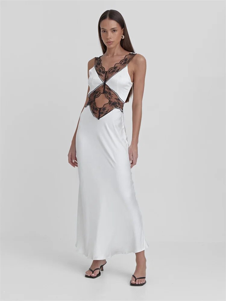Ootddress Lace Backless Hollow Out Maxi Dress For Women Patchwork Printed Fashion High Waist Elegant Party Dress Female Long Dress