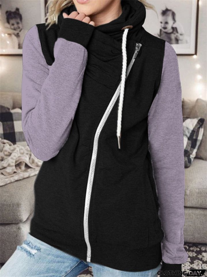 Vogue Personality Contrast Color Zipper Female Hoodies