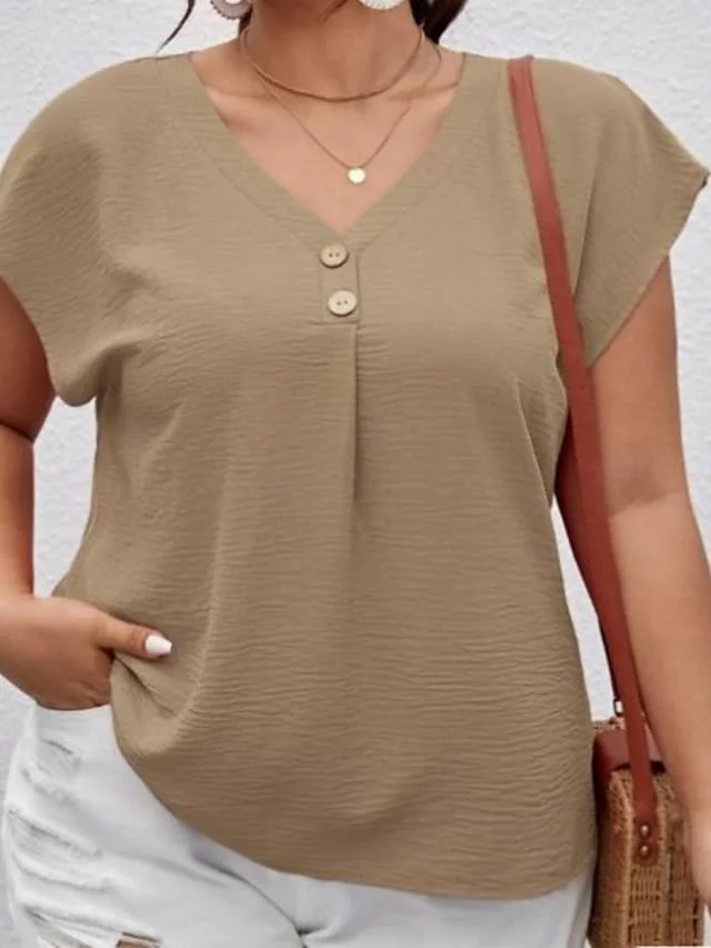 Women's Shirt Blouse Orange Khaki Plain Button Short Sleeve Casual Weekend Basic V Neck Regular Plus Size L | IFYHOME