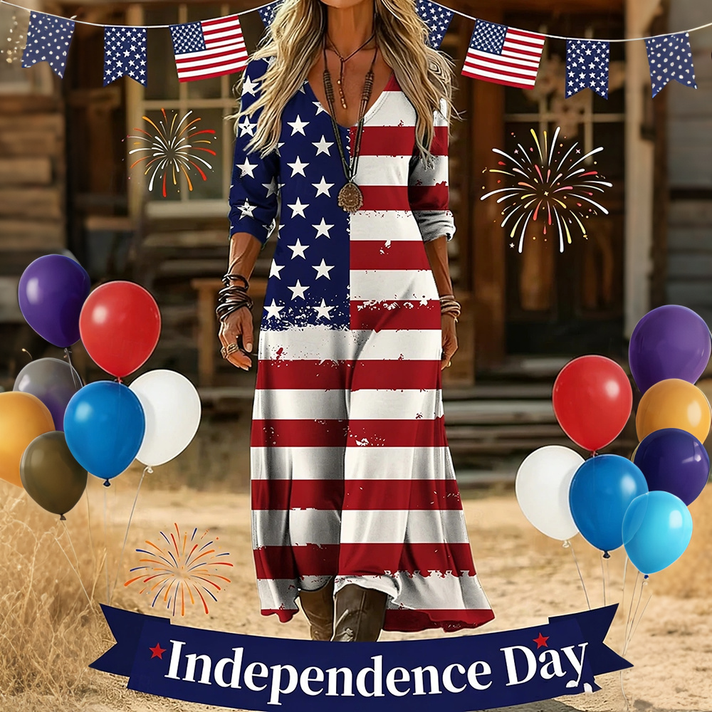  Women's Floral Independence Day Flag Art Print Dress Westsshops