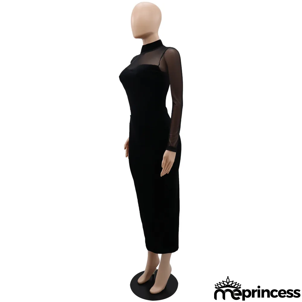 Long Sleeve Chic Mesh Patchwork Fit Women's Long Sleeve Midi Bodycon Dress