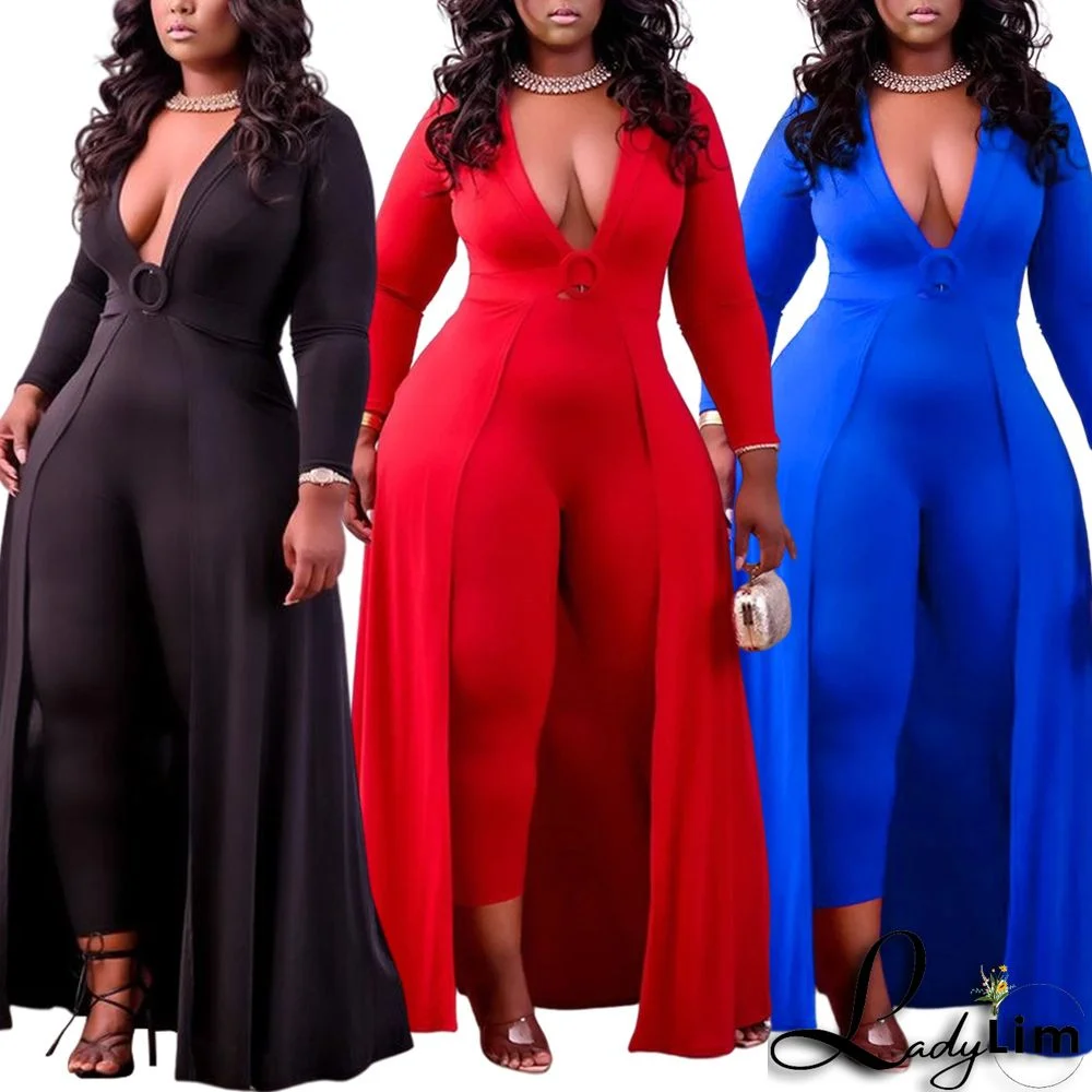 Plus Size New Autumn And Winter Sexy Deep V Stand-up Waist Jumpsuit