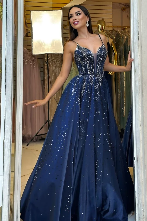 Navy Blue Spaghetti-Straps Beaded Long Prom Dress ZT0648
