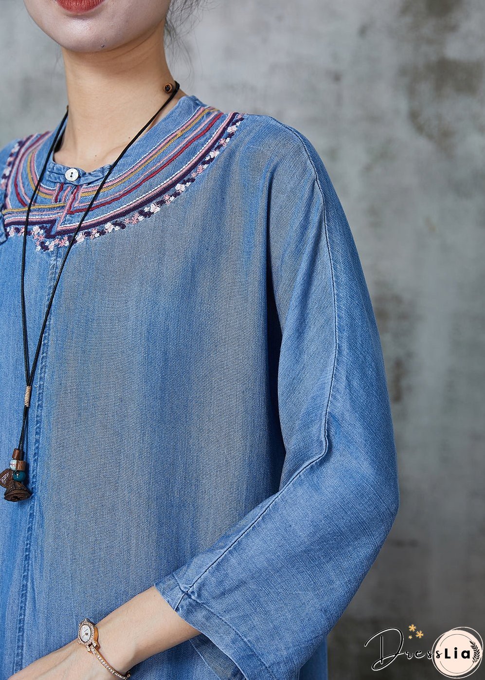 Vintage Denim Blue Embroidered Side Open Dresses Summer