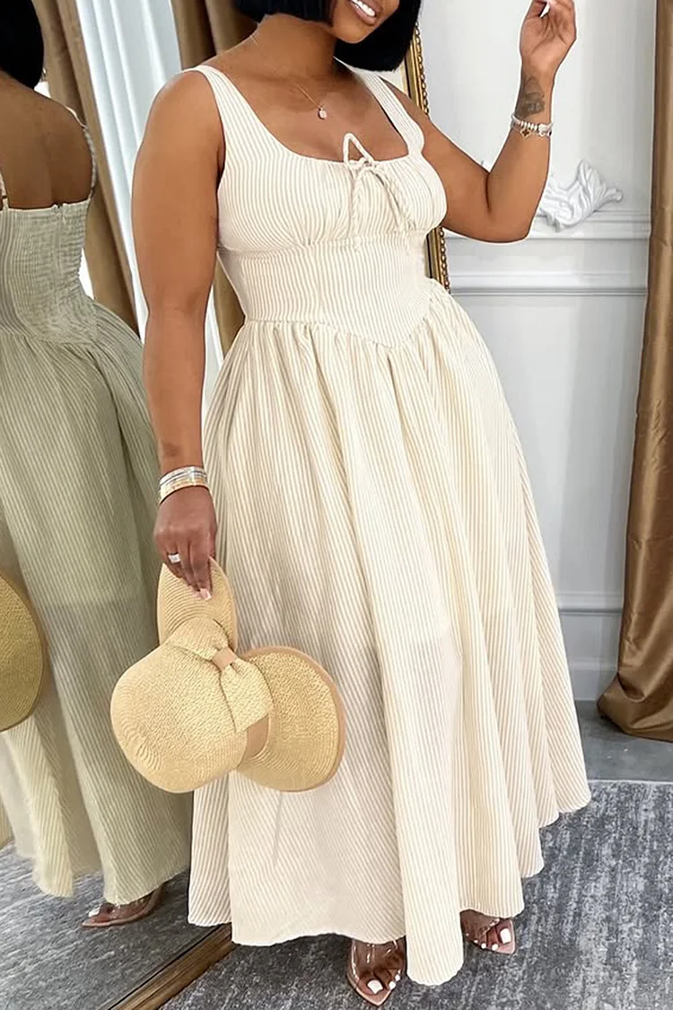 Plus Size Vacation Beige Milkmaid Striped Square Neck Tummy Control Maxi Dresses [Pre-Order] 2024 - Xpluswear