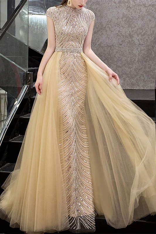 Daisda Yellow Sequins Beadings Evening Dress With long Ruffles High Collar Cap Sleeves