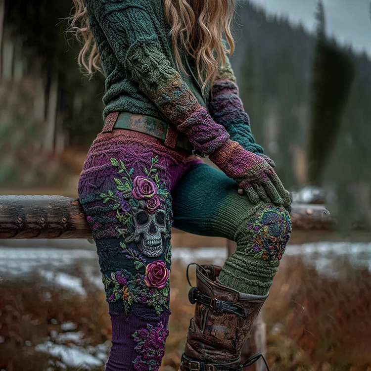 Women's Vintage Viking Skull And Rose Gradient Art Knit Leggings