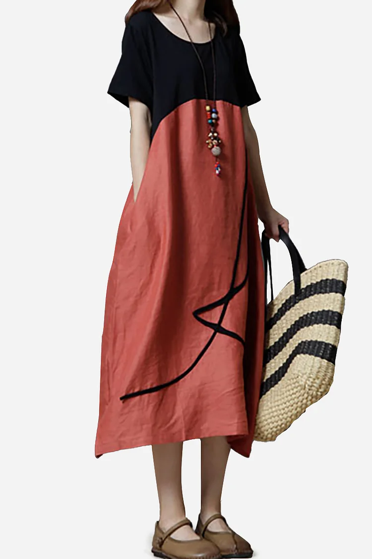 Round Neck Short Sleeve Colorblock Linen Midi Dress