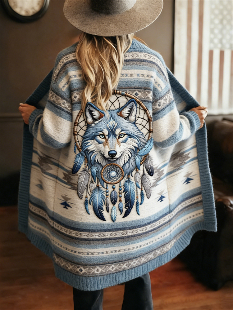 Vintage Wolf Dreamcatcher Western Aztec Cozy Knit Cardigan wearshes