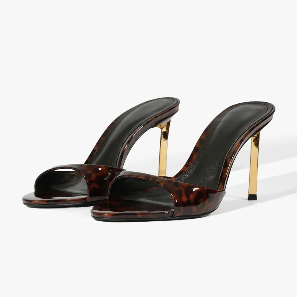 Brown & Black Patent Leather Tortoiseshell Pattern Mule Heels