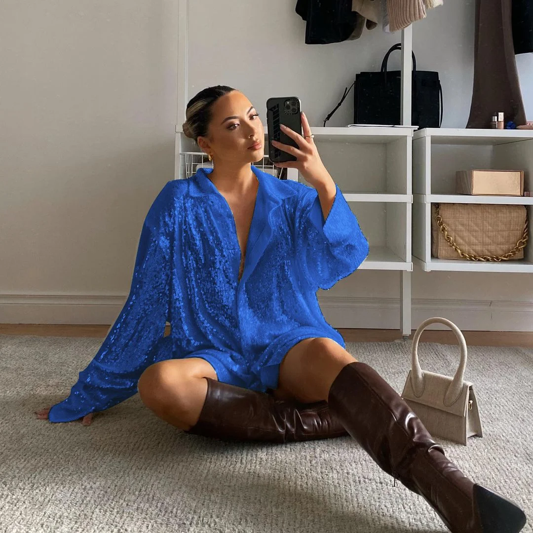 V Neck 2022 Fashion Sequins Blouse Shirts Women Long Sleeve Sexy Party Autumn Winter Club Y2K Vintage Top Elegant Clothes