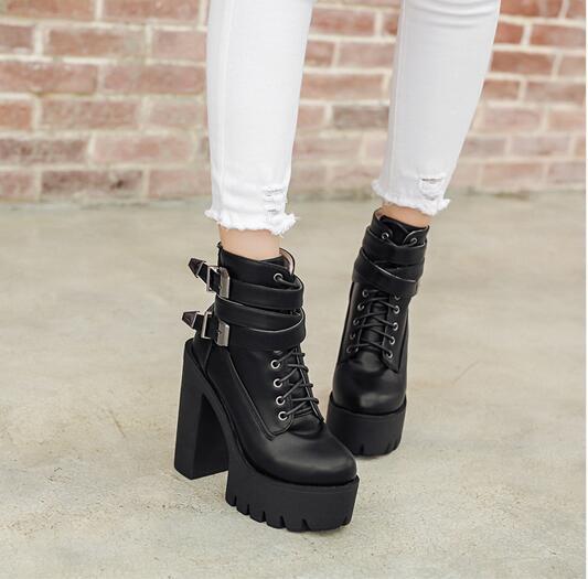 Punk Double Buckle Strap Platform Black Chunky Heel Ankle Boots