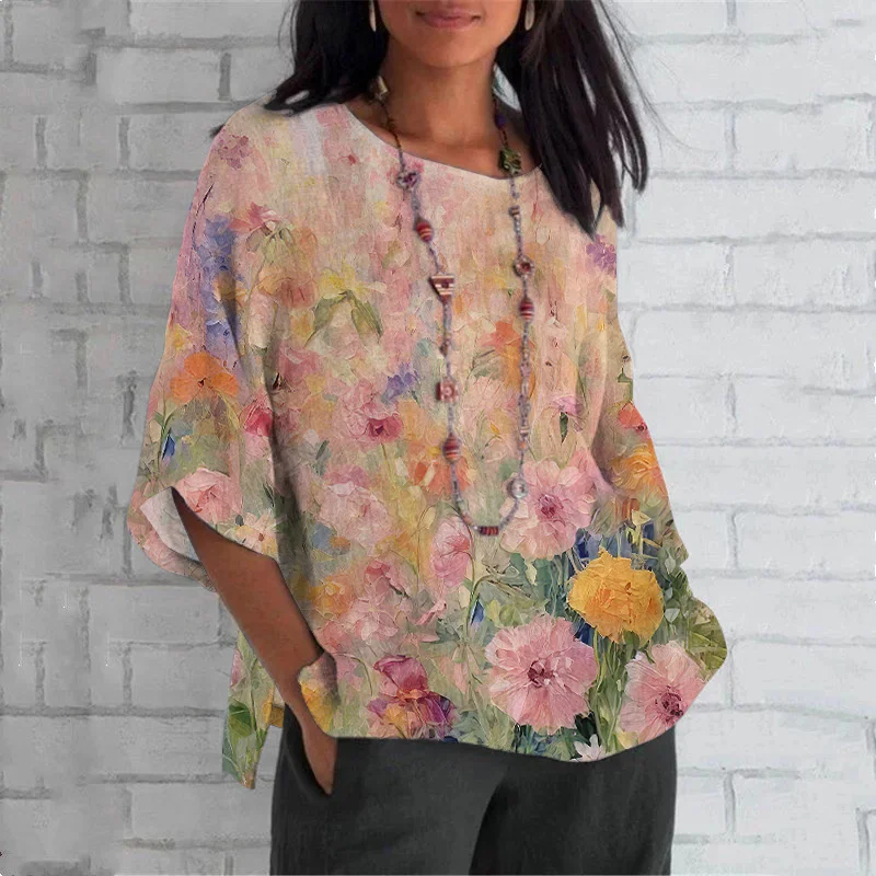 Vintage Oil Painting Flowers Pattern Women's Linen T-shirt