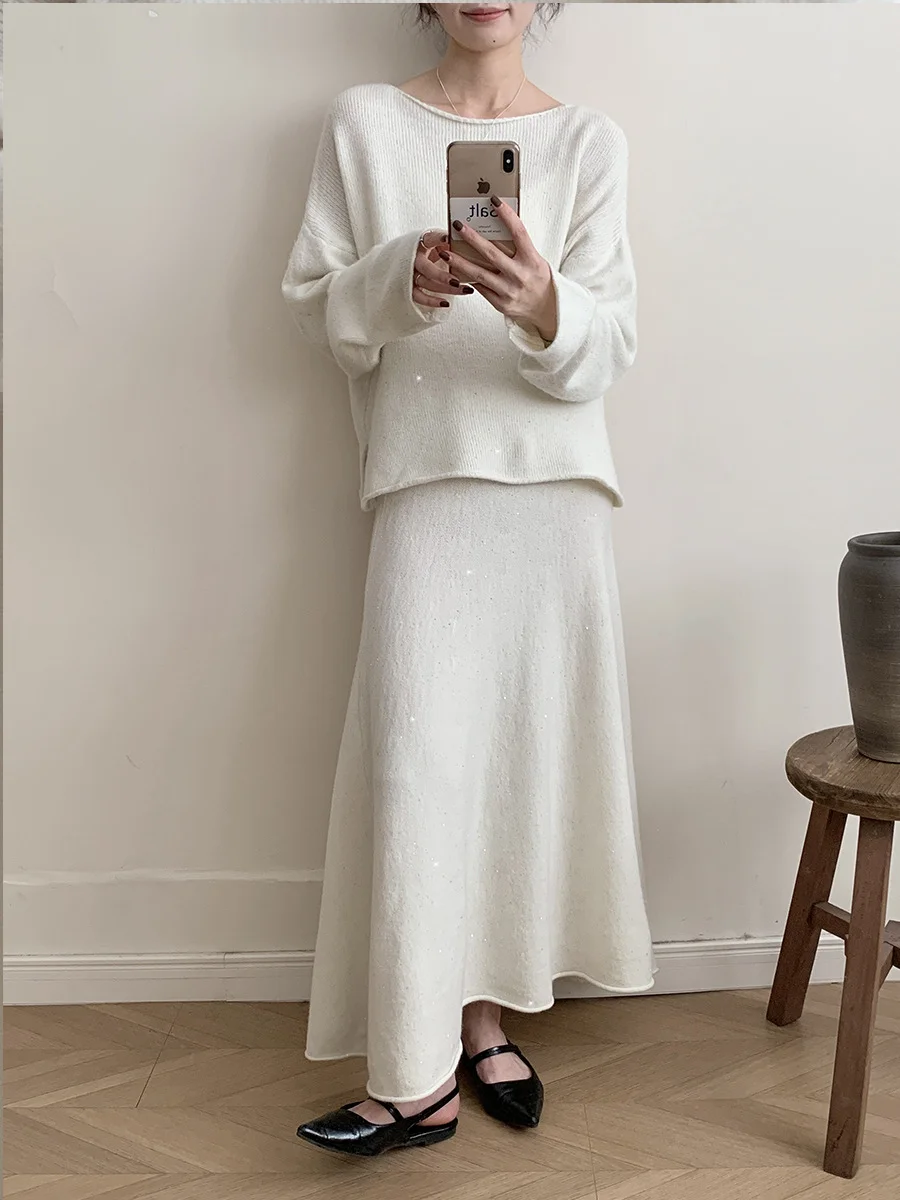 Athvotar Athvotar New Lazy Wind Loose Top + Fishtail Dress Set Women's Round Collar Knitting Set Bright