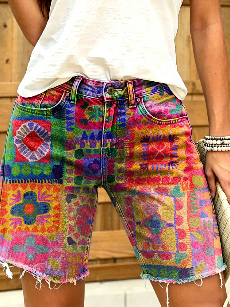 Women's Retro Colorful Ethnic Art Print Casual Washed Cotton Denim Shorts