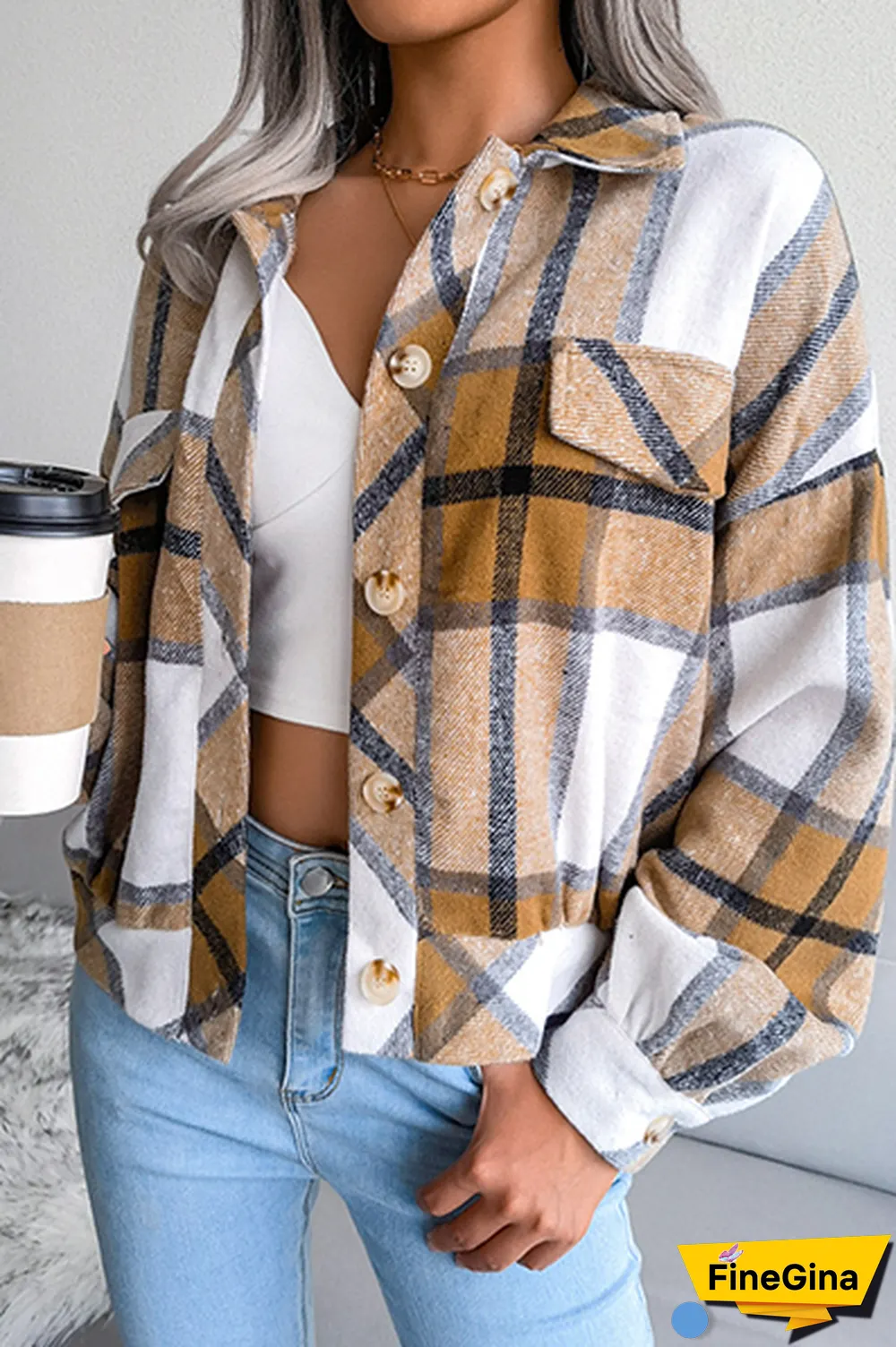 Casual Plaid Patchwork Buckle Turndown Collar Outerwear(3 Colors)