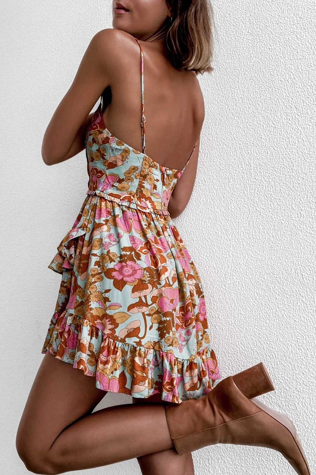 wsevypo Boho Floral Short Beach Dress Summer Women's Spaghetti Straps Ruffles Sundress Holiday Casual High Waist Flared A-Line