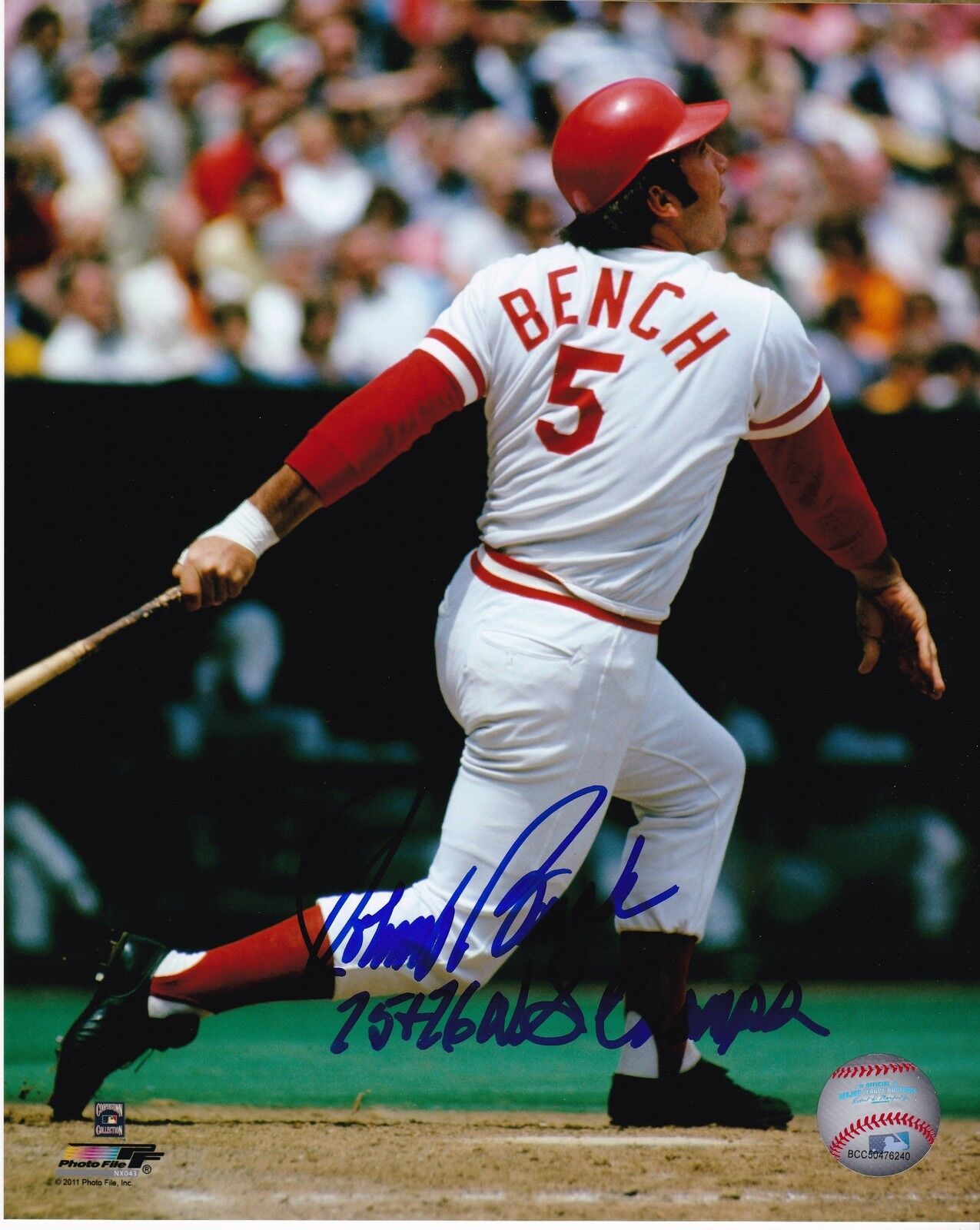 JOHNNY BENCH CINCINNATI REDS 75, 76 WS CHAMPS ACTION SIGNED 8x10