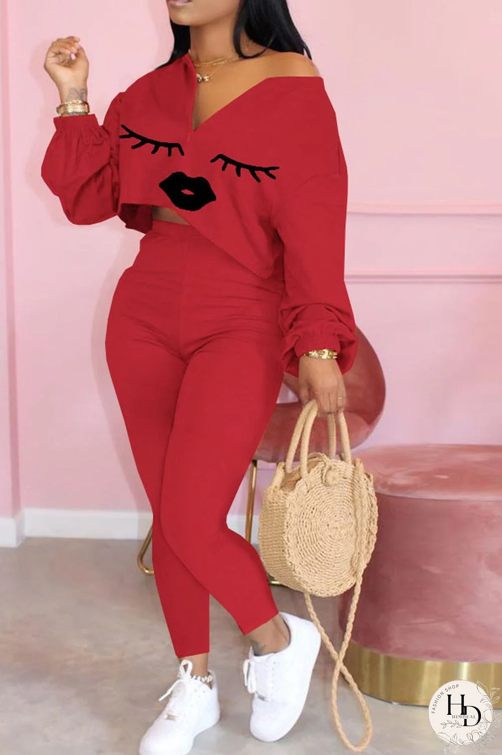 Yellow Sexy Print Lips Print pencil Long Sleeve Two Pieces