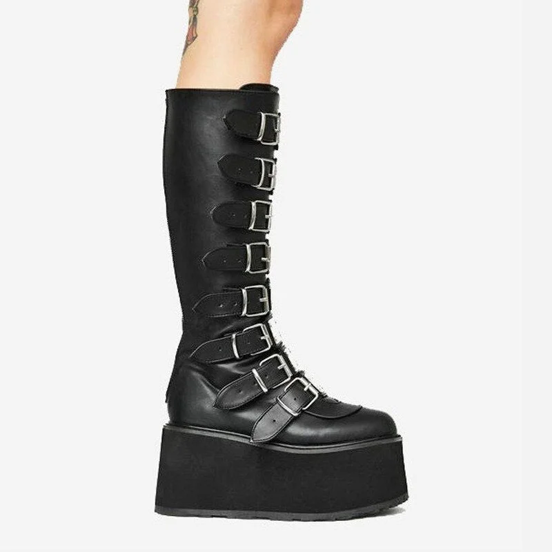 Brand Design Female Gothic Cosplay Wedges High Heels Women Boots Fashion Metal Buckle Platform Knee High Boots Punk Shoes Woman