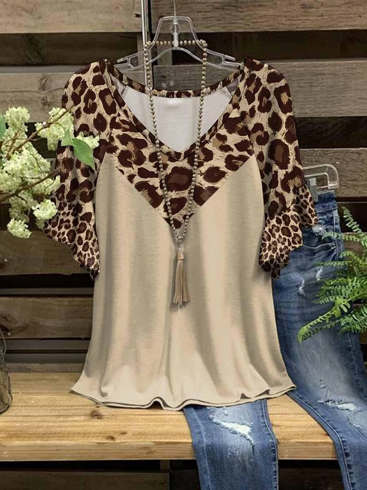 Women's Summer V-Neck Leopard Print Casual Short Sleeve T-Shirt
