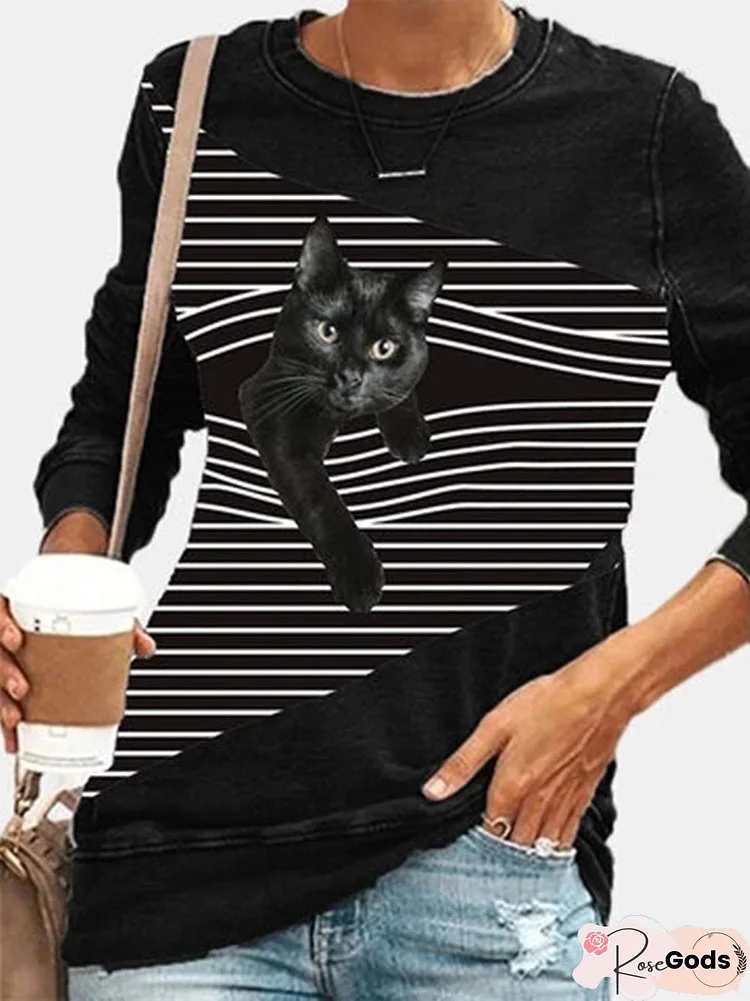 Black Cat Striped Patchwork Print Plus Size Casual Blouse