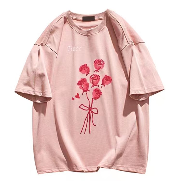 Rose Letter Print Loose T-Shirt With Mesh Sleeves - Modakawa Modakawa