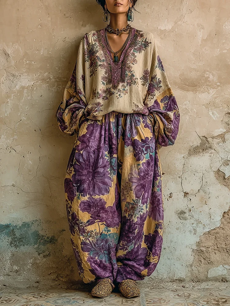Bohemian Floral Print Loose V-neck Top And Wide-leg Pants Set