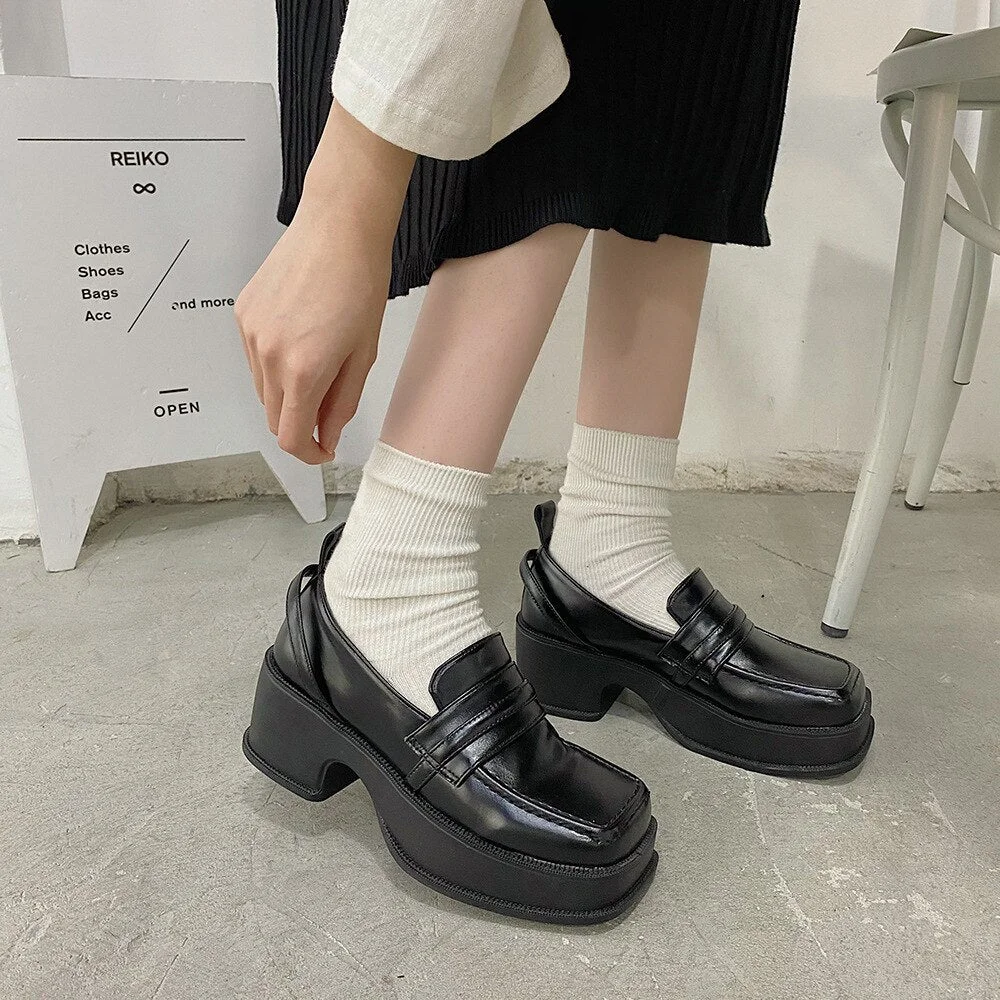 Lourdasprec Autumn And Winter New Women Square Toe Platform Loafers British Style Leather Shoes Wild Retro Shallow Mouth Uniform Shoes