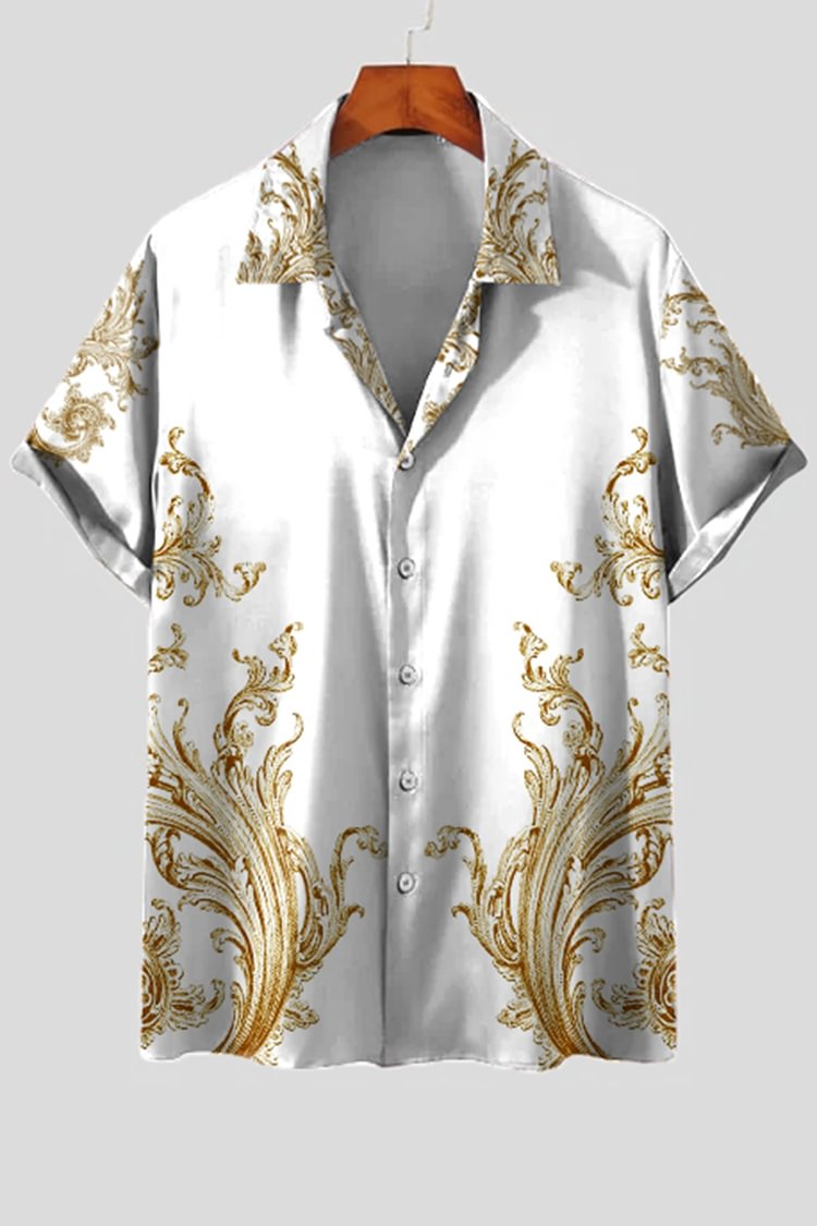 White Baroque Print Short Sleeve Shirt